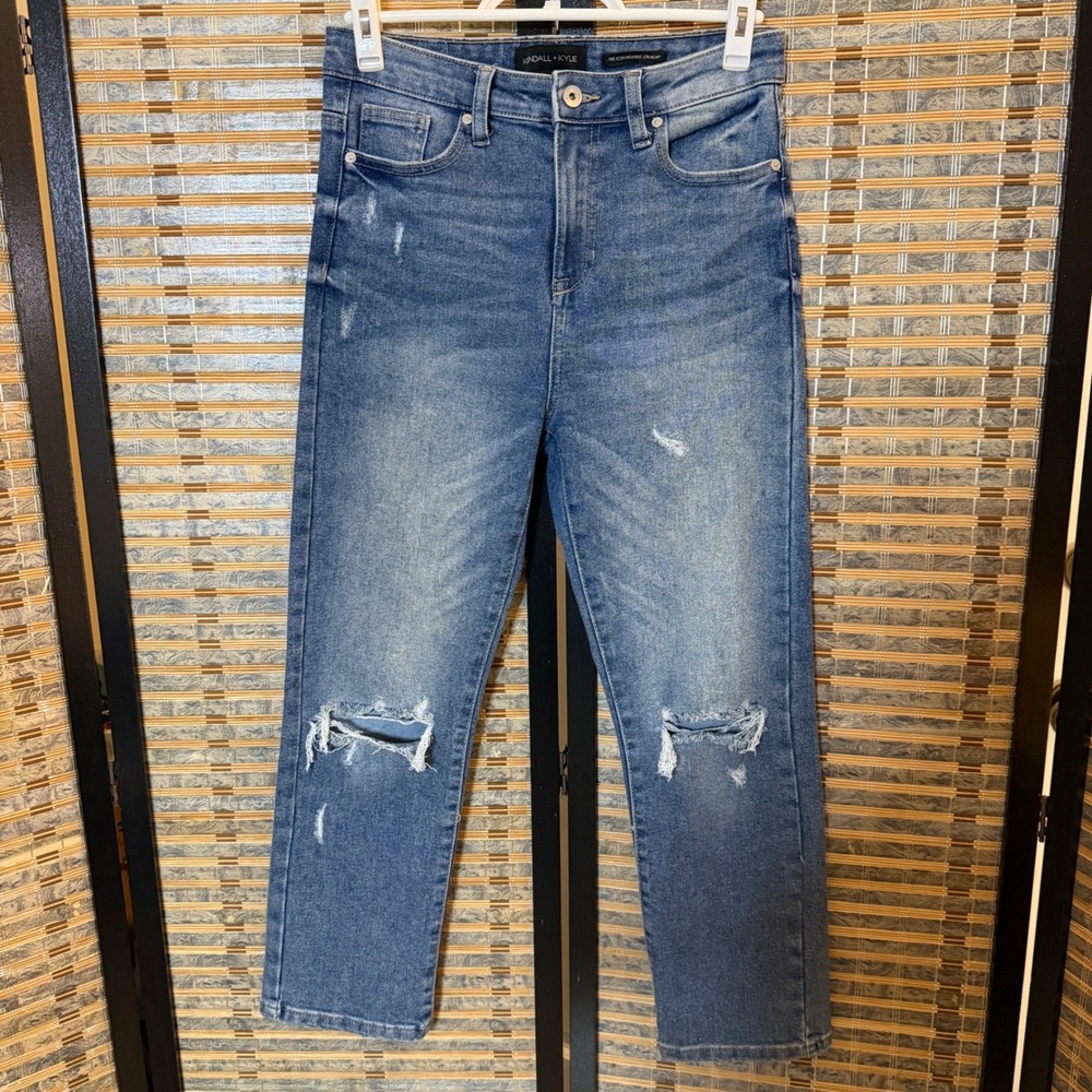 Kendall + Kylie The Icon High Rise Straight Jeans Women 7/28 Blue Distressed